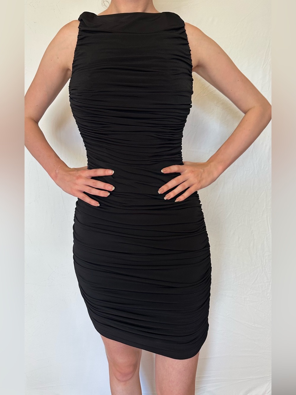 Calvin Klein Black Ruched Boatneck Mini Dress